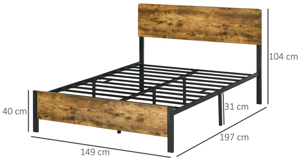 Estrutura de Cama Dupla com Ripas de Aço e Cabeceira de Madeira 149x197x104 cm Castanho Rústico e Preto