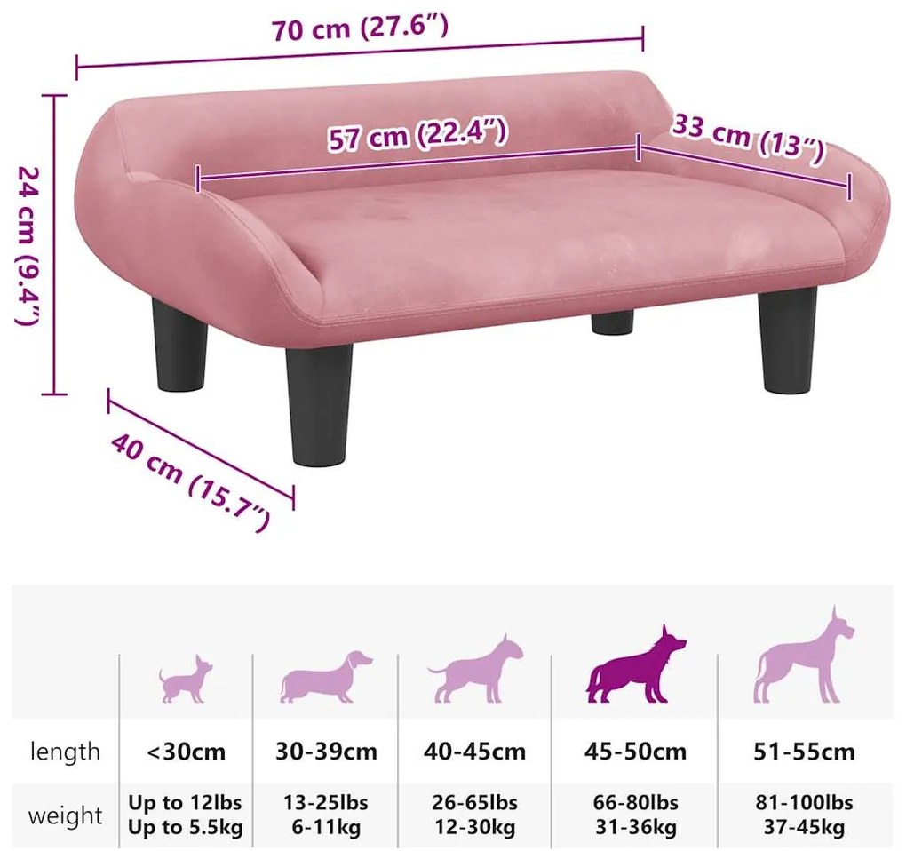 Cama para cães 70x40x24 cm veludo rosa