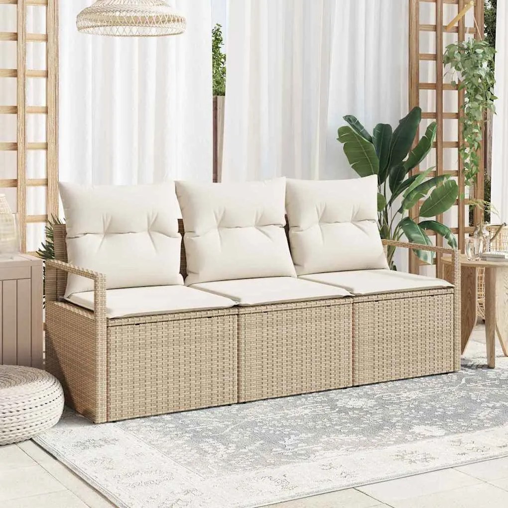 vidaXL Conjunto de sofá de jardim 3 peças com almofadas bege em rattan sintético