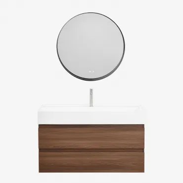 Conjunto De Móvel De Casa De Banho Suspenso Em Madeira E Folha De Freixo Com Lavatório Integrado Ona Madeira Escura & Redondo Led - Sklum