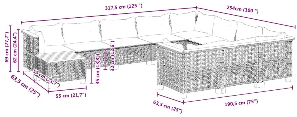 11 pcs conjunto sofás de jardim c/ almofadões vime PE preto