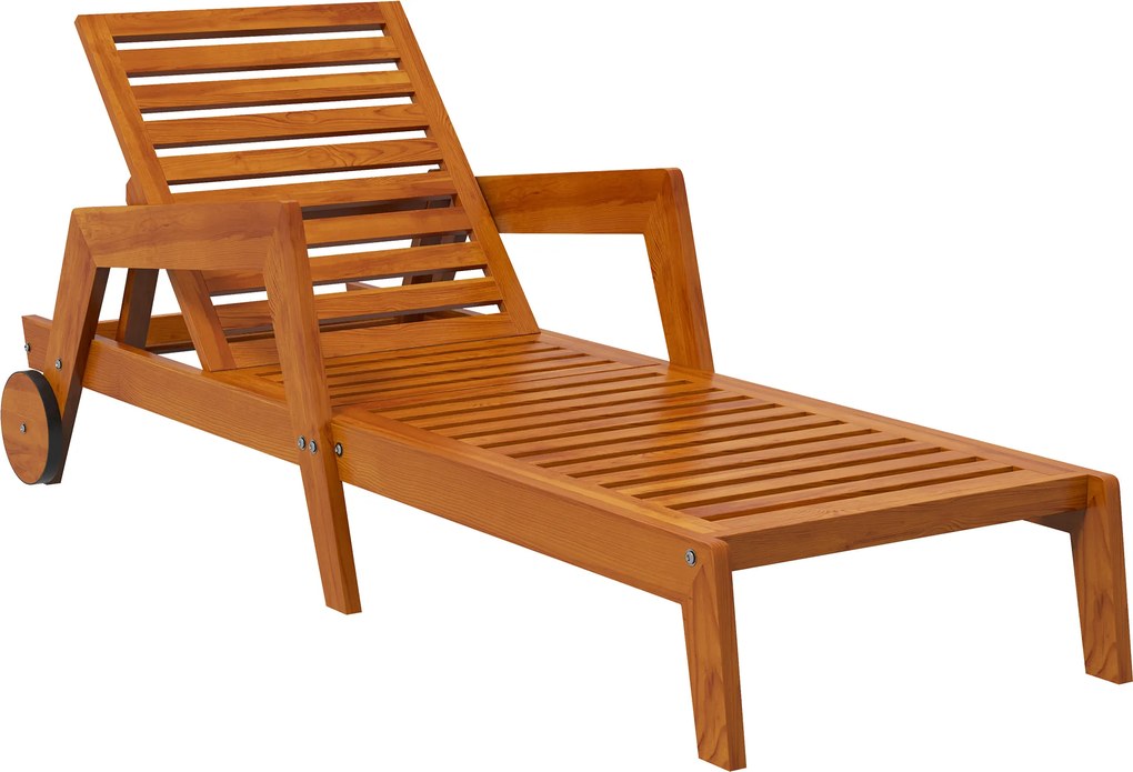 Outsunny Espreguiçadeira em madeira com ripas com encosto reclinável em 3 posições apoios de braço 2 rodas 66 x 190 x 73,5 cm | Aosom Portugal