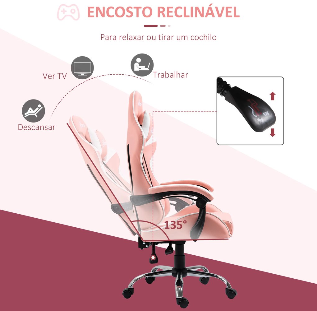 Vinsetto Cadeira Gaming Ergonômica Cadeira para Videojogos Reclinável com Altura Ajustável Apoio para a Cabeça e Almofada Lombar 63x67x122-130cm Rosa e Branco