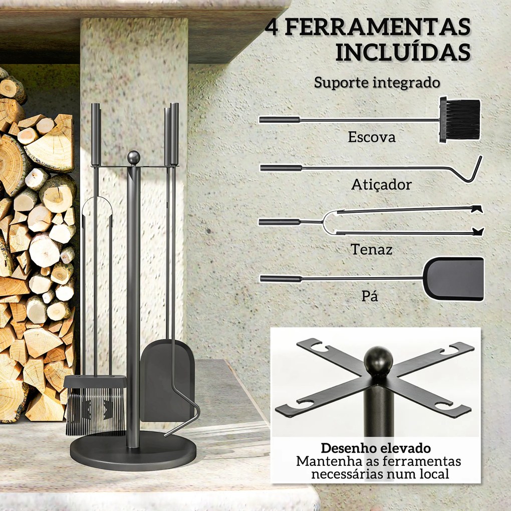 Conjunto de Ferramentas para Lareira com 5 Peças Acessórios para Lareira de Metal com Escova Pá Tenaz Atiçador e Suporte Ø25x54 cm Preto