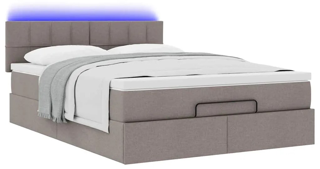 Cama Otomana com Colchão &amp; LEDs Taupe 140x200 cm Tecido