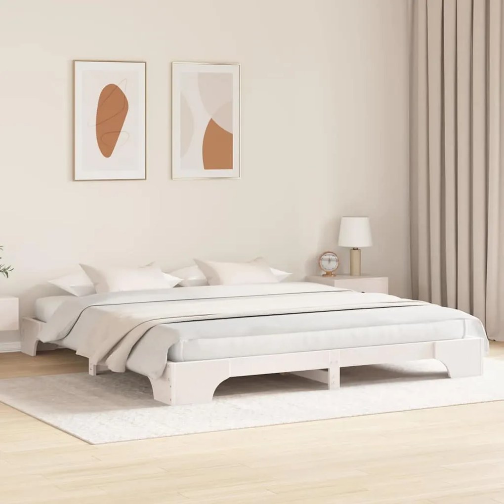 Cama Branca 200x200 cm em Madeira Sólida de Pinho