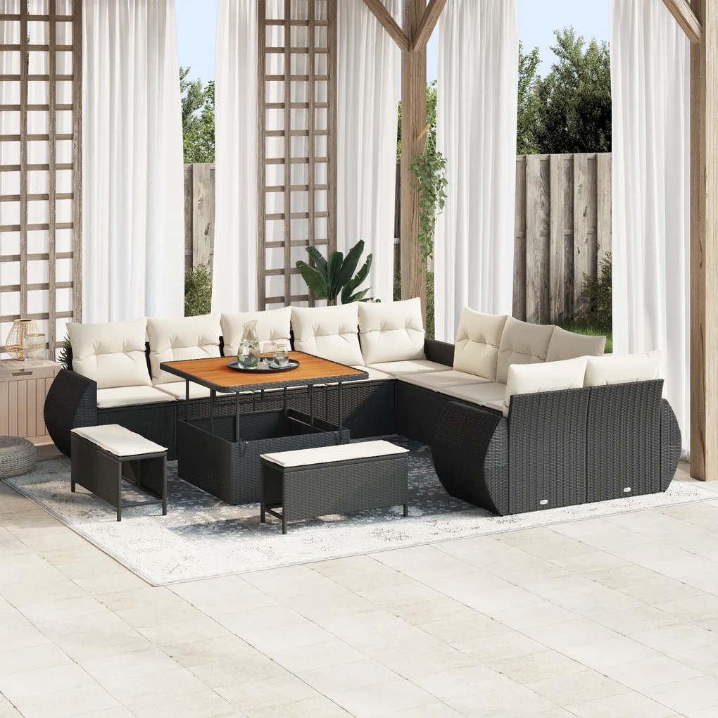 Conjunto de Sofá de Jardim de 13 Peças com Almofadas Preto Rattan Poli