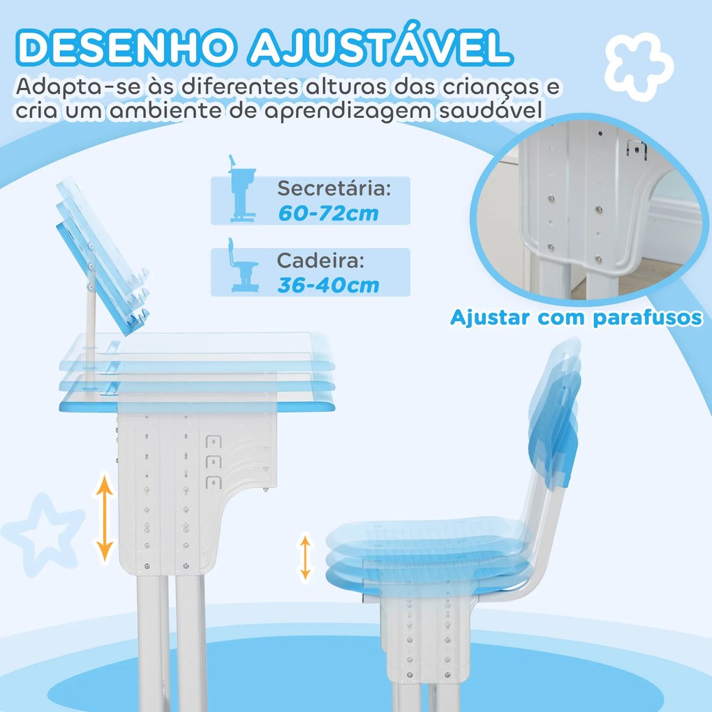 Conjunto de Secretária e Cadeira para Crianças com Altura Ajustável 1 Gaveta e 1 Prateleira para Livros 60x45x90-120 cm Azul