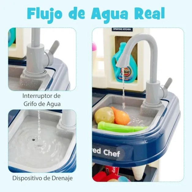 Cozinha para crianças a partir dos 3 anos com 65 acessórios , luzes e sons realistas para crianças 45 x 26 x 79 cm Azul