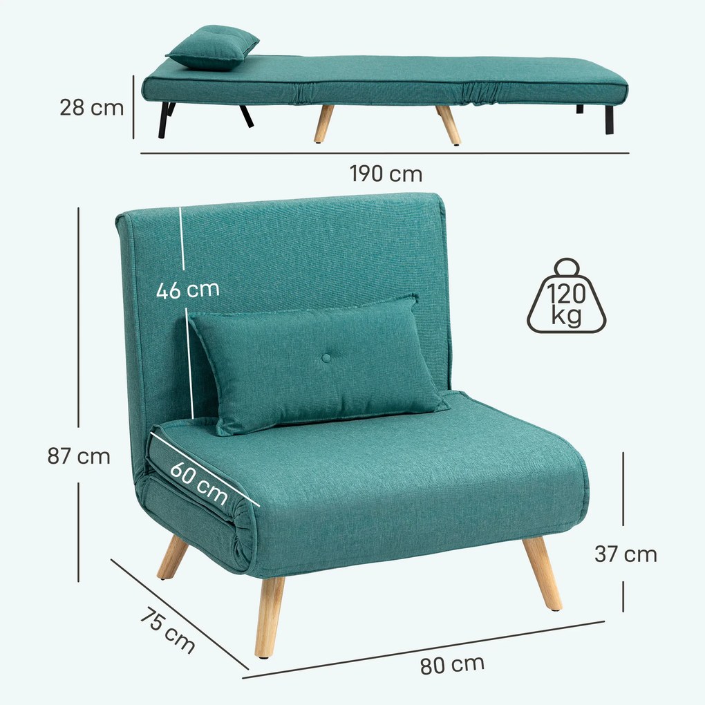 Poltrona convertível de 1 lugar, sofá-cama 3 em 1 com encosto ajustável em 5 posições, almofada incluída, verde