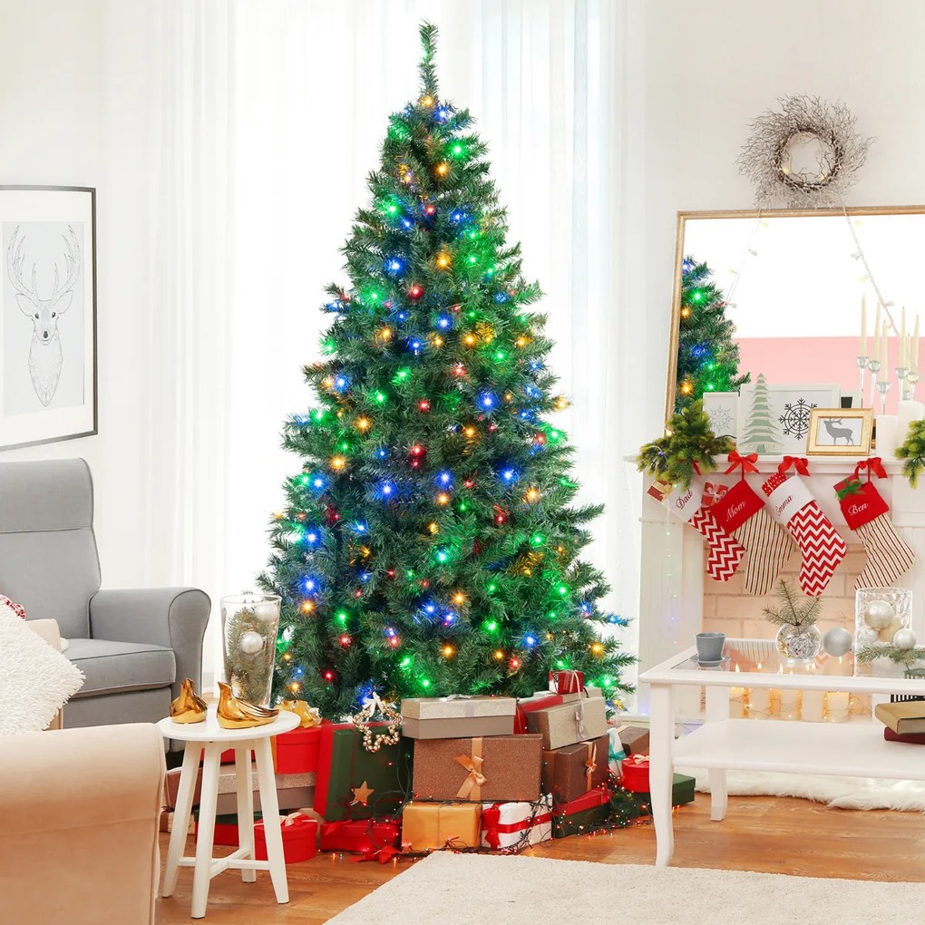 Árvore de Natal dobrável pré-luminosa de 213 cm com 350 Luzes LED Multicolor Base metálica dobrável Decoração de Natal dobrável
