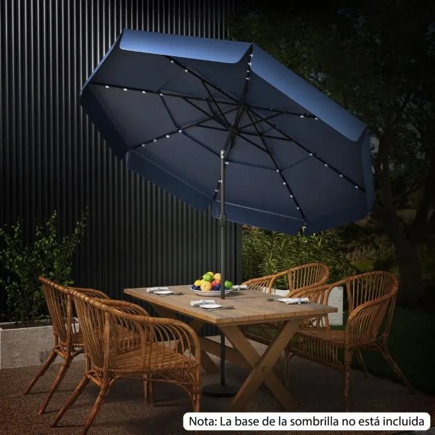 Guarda-sol solar de 300 cm com 32 luzes LED, parte superior ventilada com 3 níveis e ajuste de inclinação Azul marinho