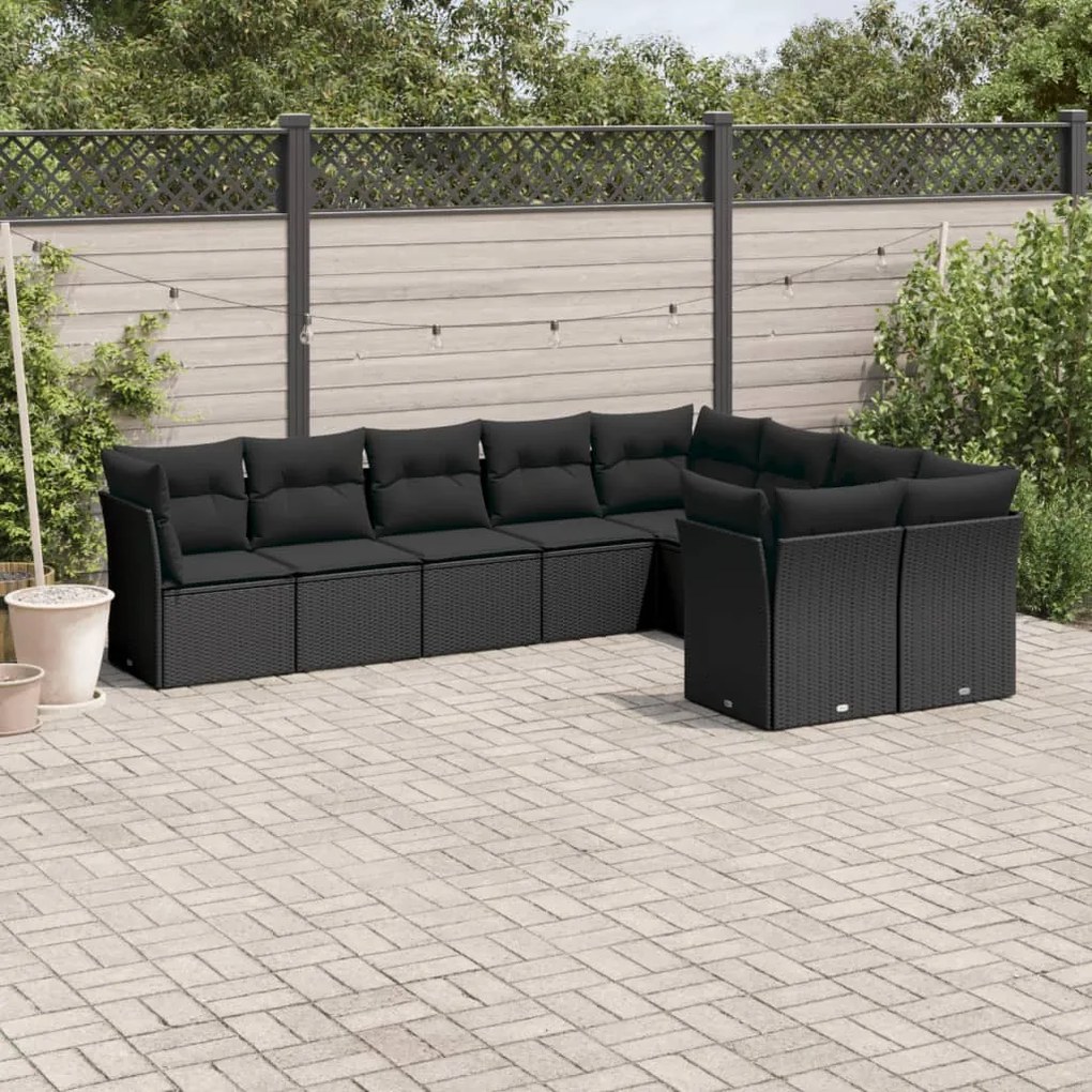 9 pcs conjunto de sofás p/ jardim c/ almofadões vime PE preto