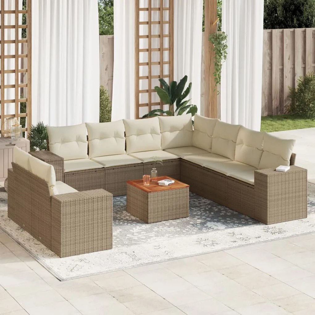 vidaXL 10 pcs conjunto de sofás p/ jardim com almofadões vime PE bege
