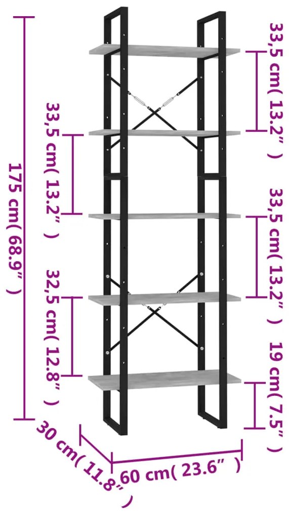 Estante 5 prateleiras derivados madeira cinza cimento