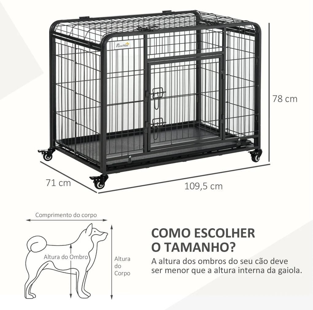 Gaiola de metal dobrável para cães com rodas e freios Bandeja removível e porta com travas 109,5x71x78 cm Cinza escuro