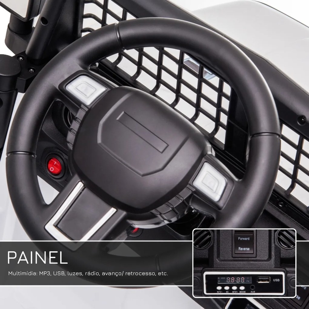 Carro Elétrico para Crianças acima de 3 anos Carro de Bateria 12V com 2 Motores Controle Remoto 2.4G Luzes Música MP3 e Rádio 99,2x66,6x66,6cm Branco