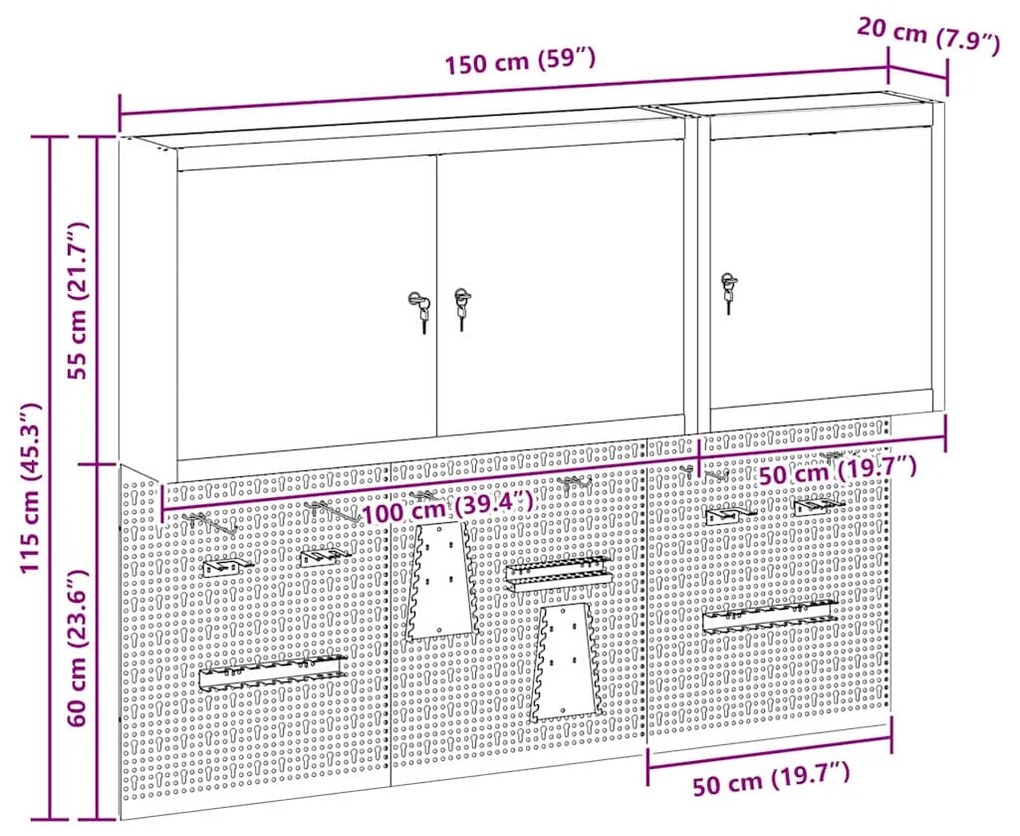 Conjunto de Armário de Ferramentas e Painel de Ferramentas de 5 Peças