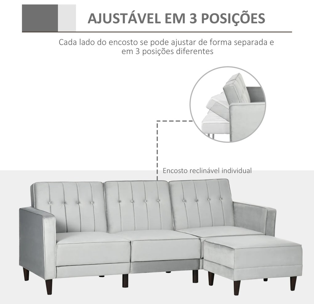 HOMCOM Sofá Cama com Chaise Longue de 3 Lugares Tato Aveludado com Encosto Ajustável e Apoio para os Pés Móvel 218x85x86cm Cinza