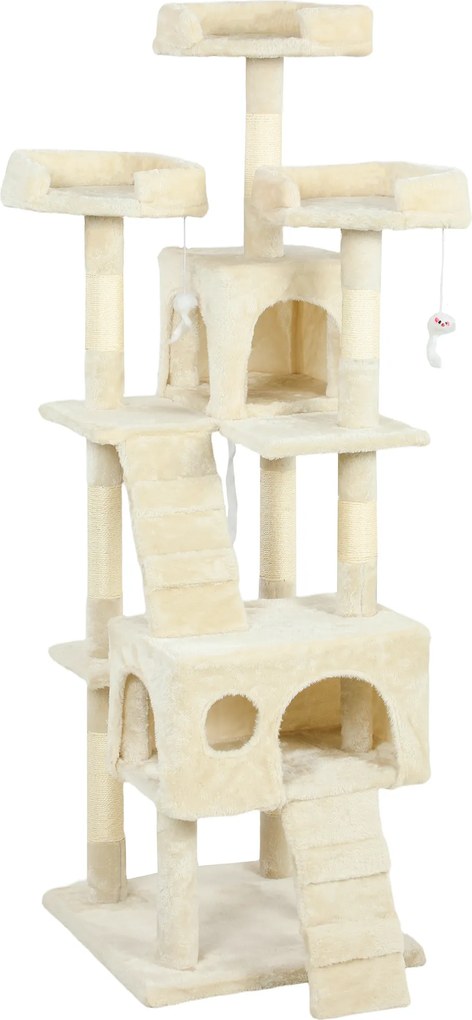 PawHut Arranhador para Gatos Arranhador de Gatos 153 cm com 2 Cavernas 3 Camas 2 Rampas Postes de Sisal e 2 Ratos Pendentes Bege | Aosom Portugal