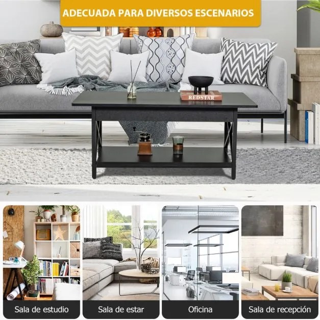 Mesa de centro retangular 110 x 60 x 48 cm industrial de 2 níveis com prateleira de armazenamento e estrutura metálica em forma de X Mesa preta