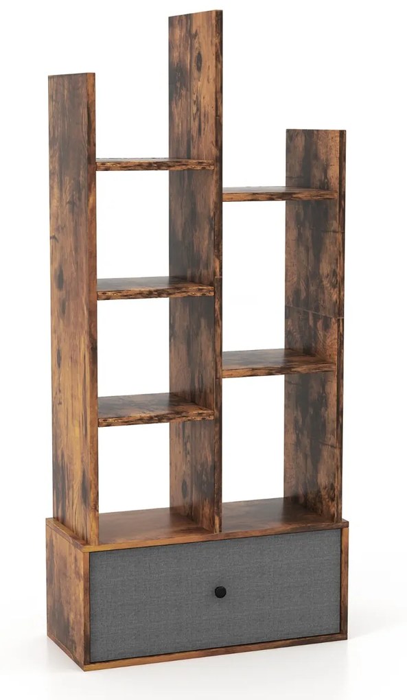 Estante de 7 níveis com gaveta e 7 compartimentos Estante de madeira para sala de estar Quarto 53 x 24 x 118 cm Castanho