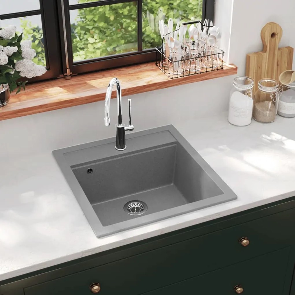 142949 vidaXL Lava-louça com 1 cuba granito cinzento