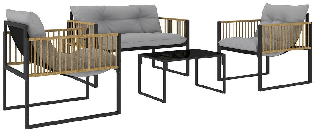 Outsunny Conjunto de Jardim de Vime Sintético de 4 Peças  Inclui Sofá de 2 Lugares 2 Poltronas 1 Mesa de Centro  Cinza e Madeira