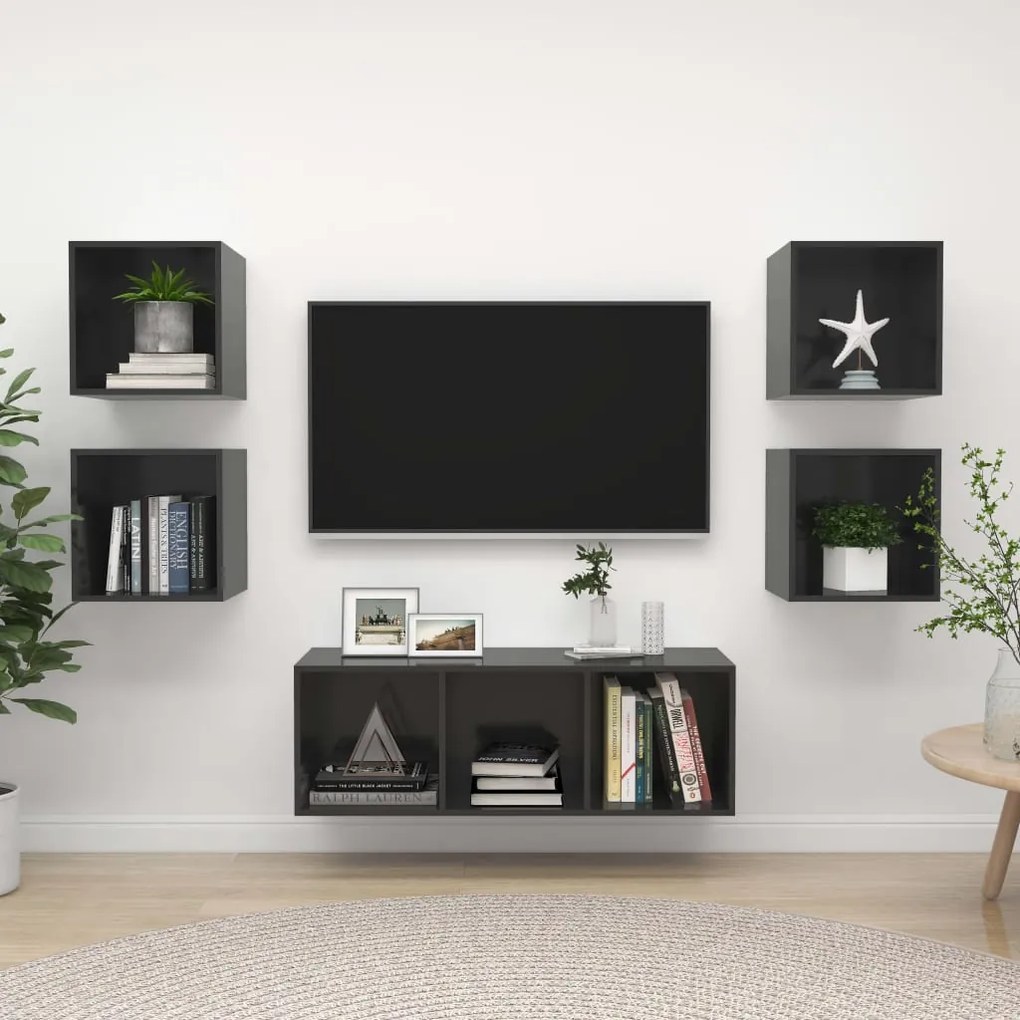 vidaXL 5 pcs conjunto móveis de TV derivados madeira cinza brilhante