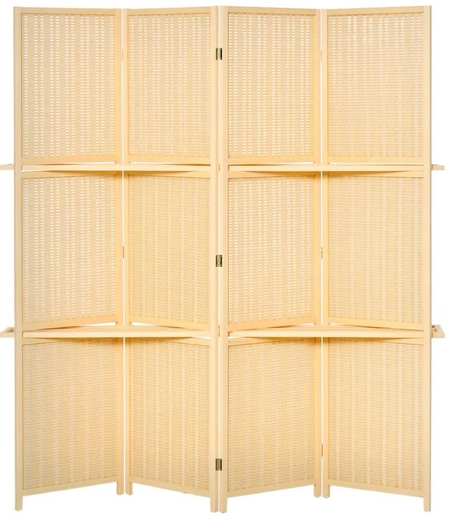 HOMCOM Biombo de 4 Painéis de Bambu Separador de Ambientes Dobrável com 2 Prateleiras Removíveis para Dormitório 180x180 cm Madeira