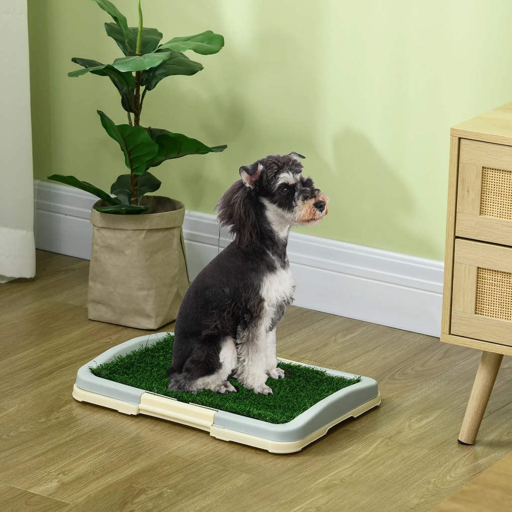 Caixa de areia para cães com tapete de relva artificial, tabuleiro e painel de rede, 46,5 x 34 cm