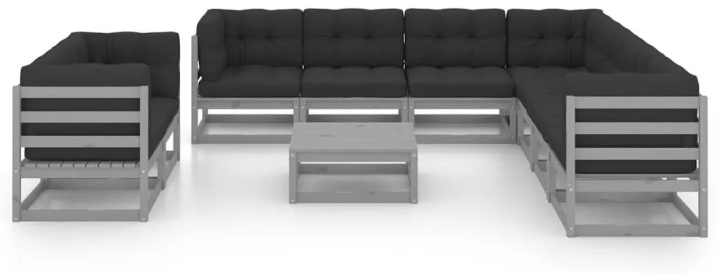 10pcs conjunto lounge de jardim + almofadões pinho maciço cinza