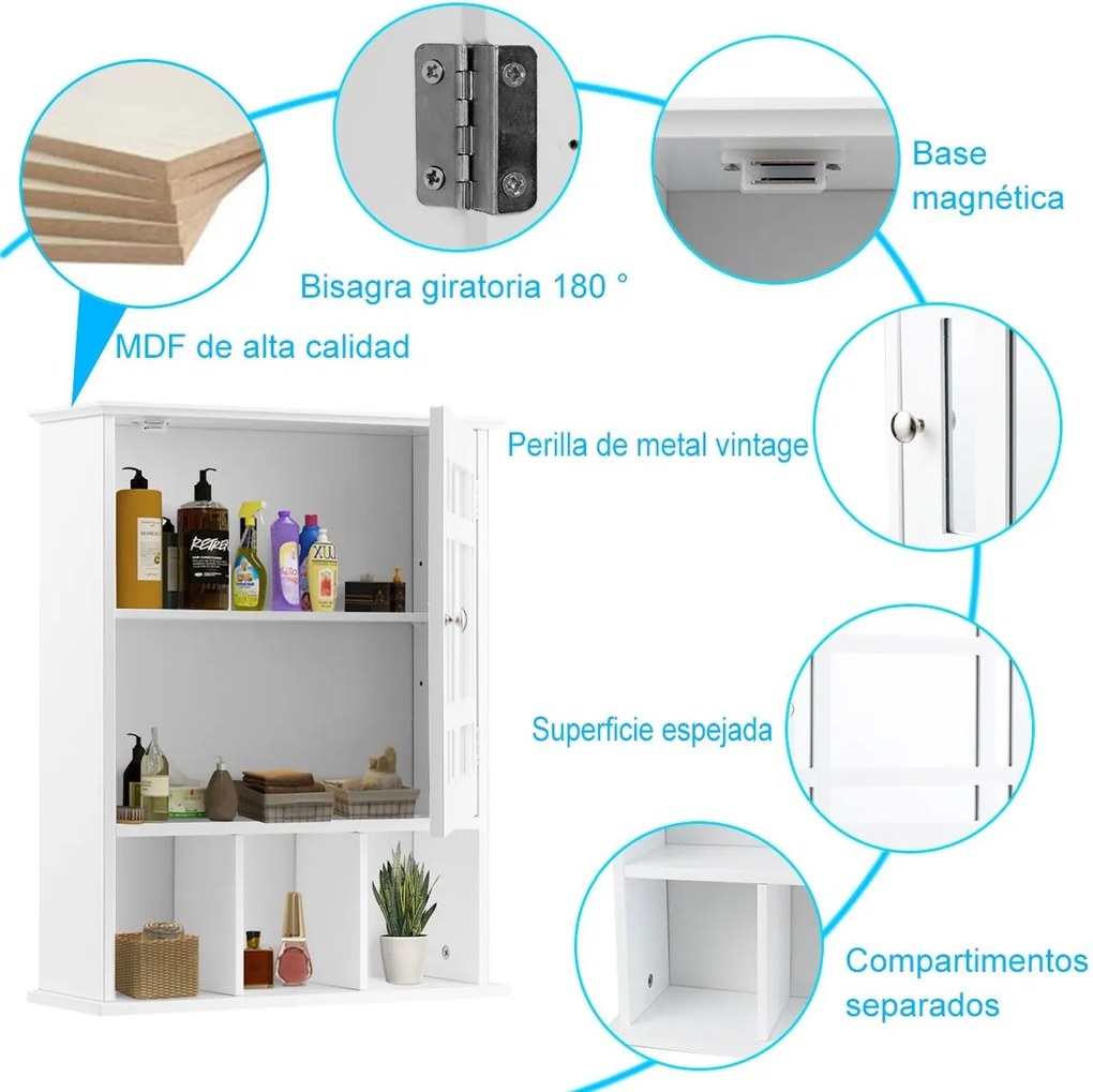 Armário de casa de banho com espelho de parede com porta e Estante Armário de arrumação  50 x 16 x 61 cm branco