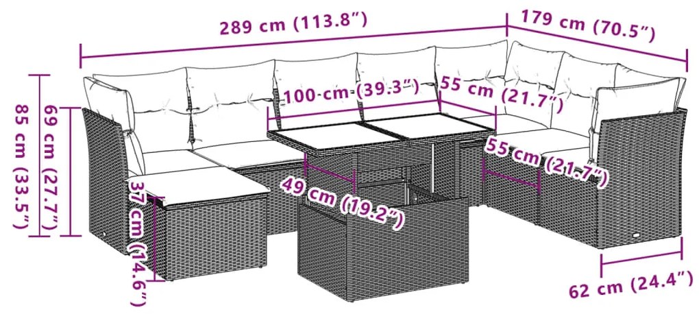 9 pcs conjunto sofás p/ jardim c/ almofadões vime PE castanho