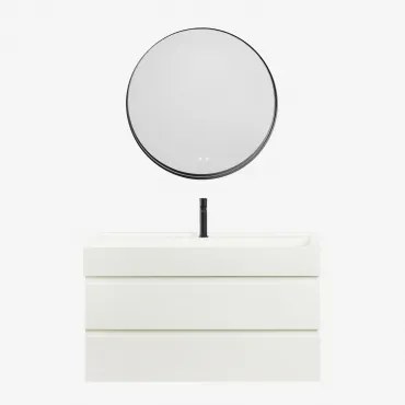Conjunto De Móvel De Casa De Banho Em Madeira E Chapa De Freixo Com Lavatório Integrado Ona Branco & Redondo Led E Anti-embaciamento - Sklum