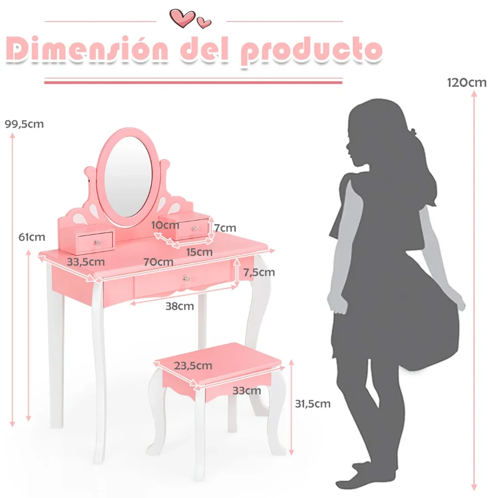 Conjunto de Toucador e banco para crianças Mesa de Maquilhagem Princesa  para Meninas com Espelho Rotativo 360° Removível 3 Gavetas Rosa e Branco