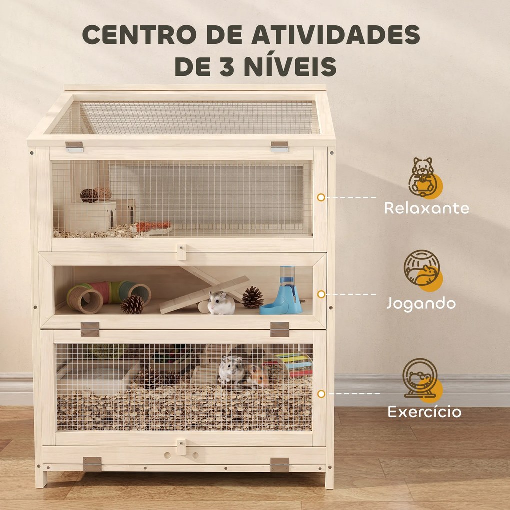 Gaiola para Hamster de Madeira de 3 Níveis com Bebedouros Casotas Baloiços Bandeja Amovível e Tampas Rebatíveis Natural