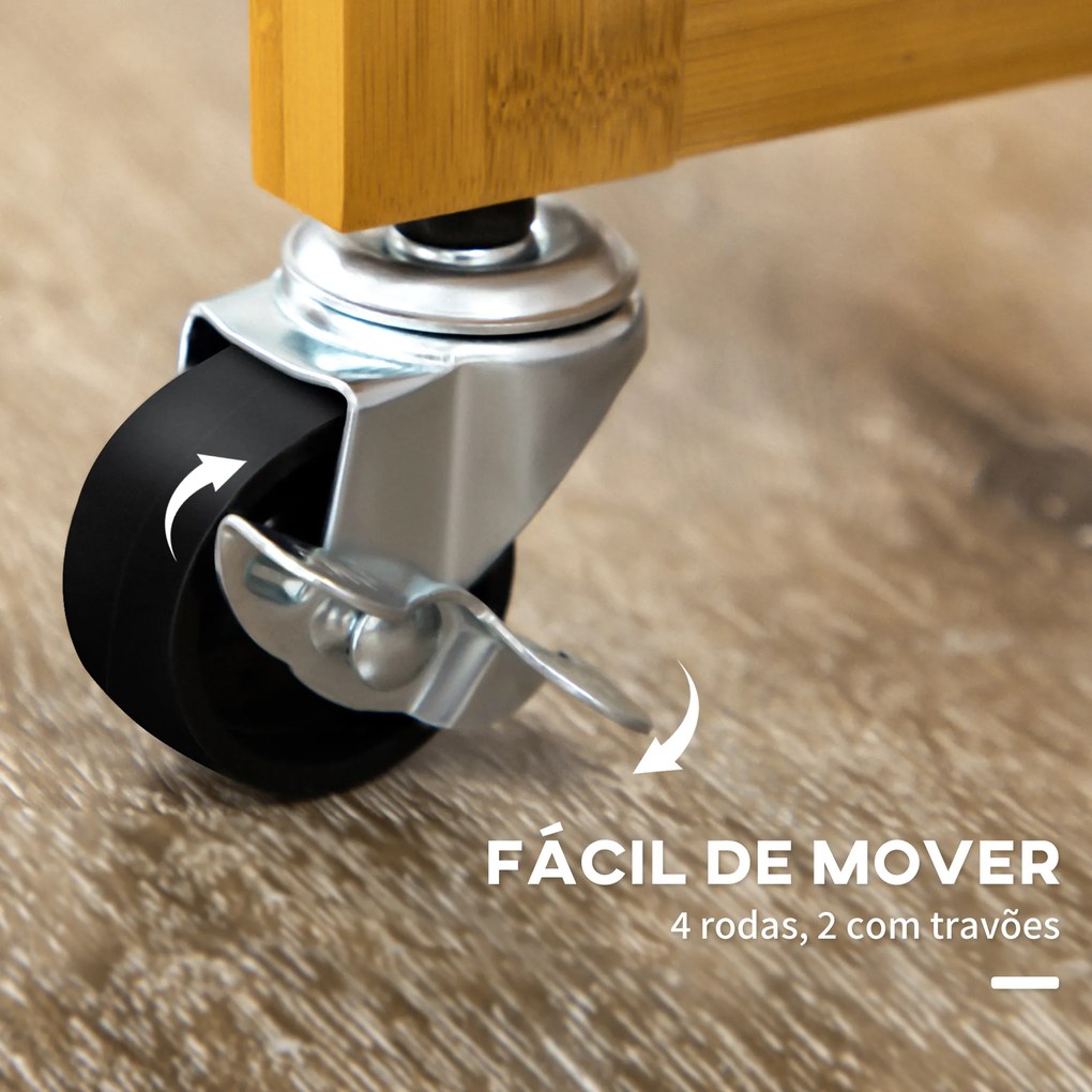 Conjunto de Mesa Alta de Bar e 2 Bancos Mesa de Cozinha Alta em Bambu com Rodas Tampo Dobrável  Madeira