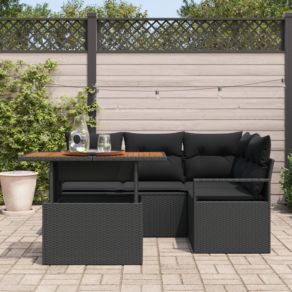 Conjunto de Sofá de Jardim vidaXL 5 Peças com Almofadas Preto Poliratt