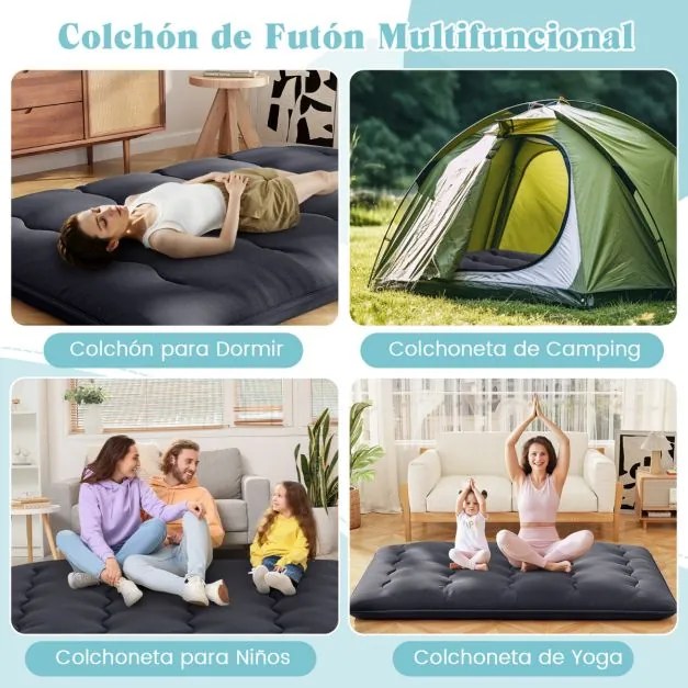 Colchão enrolável para o chão com capa lavável com bolsa de transporte 200 x 140 x 10 cm - preto