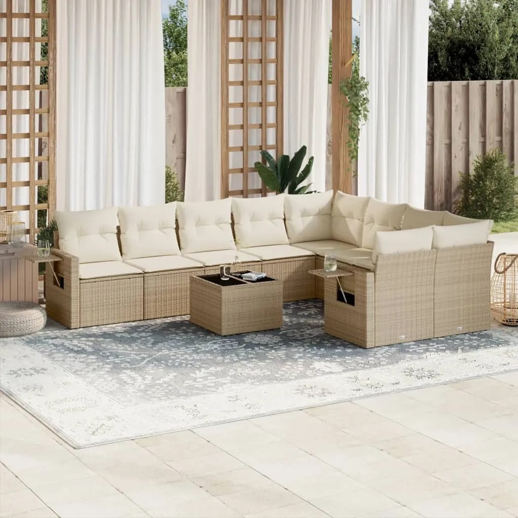 vidaXL 10 pcs conjunto de sofás p/ jardim com almofadões vime PE bege