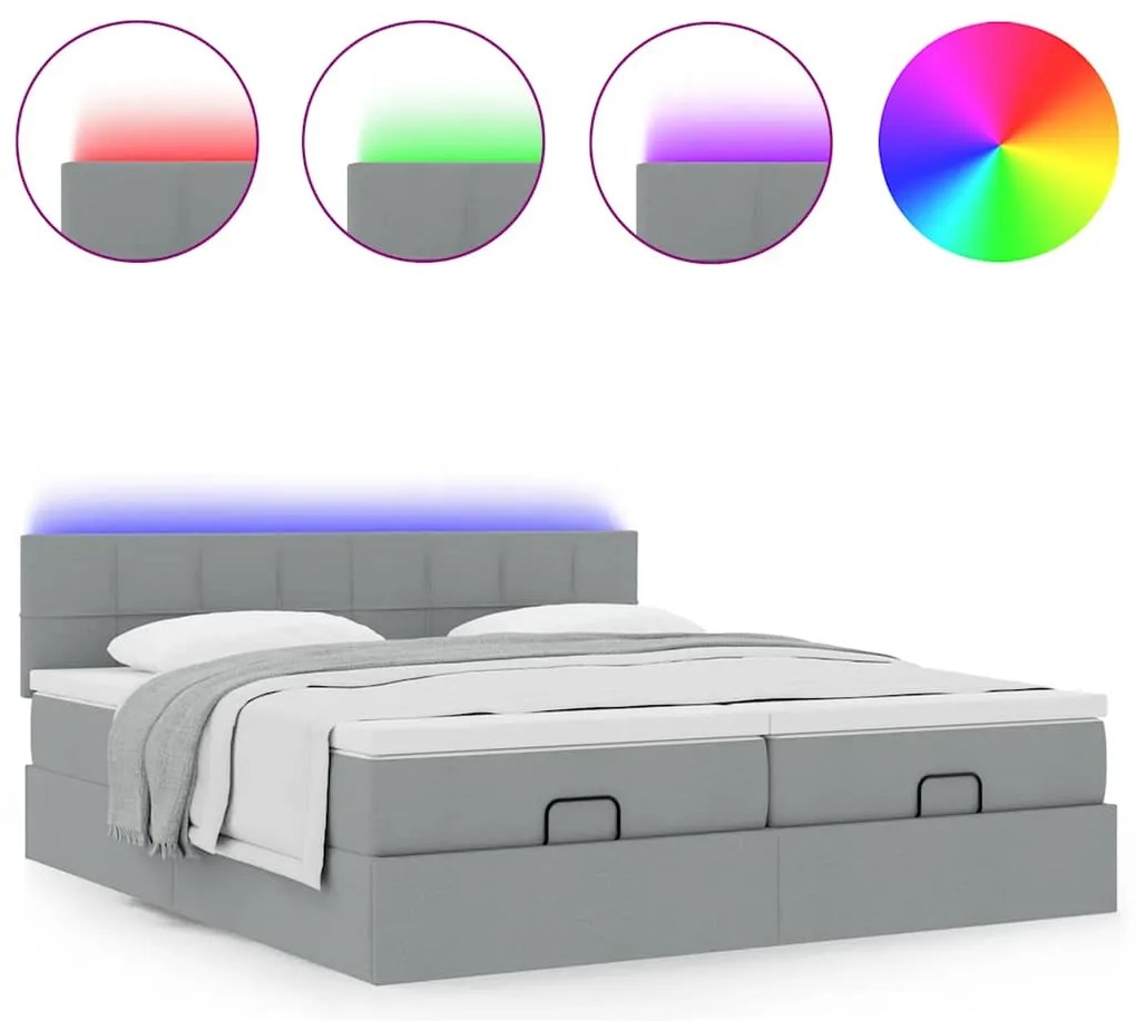 Estrutura de cama otomana com colchões tecido cinzento claro