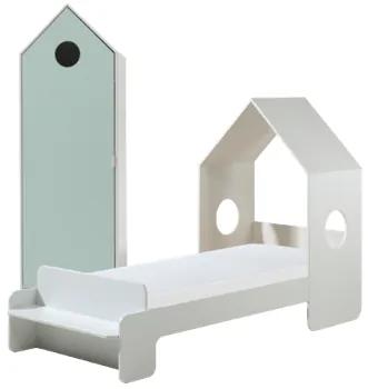 Conjunto cama infantil CASAMI (90x200) + Estrado + Guarda Roupa 1 Porta Branco e Menta