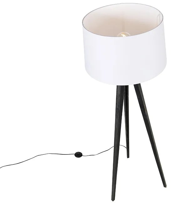Tripé Preto com Abajur de Linho Branco 45 cm - Tripod Classic Clássico / Antigo