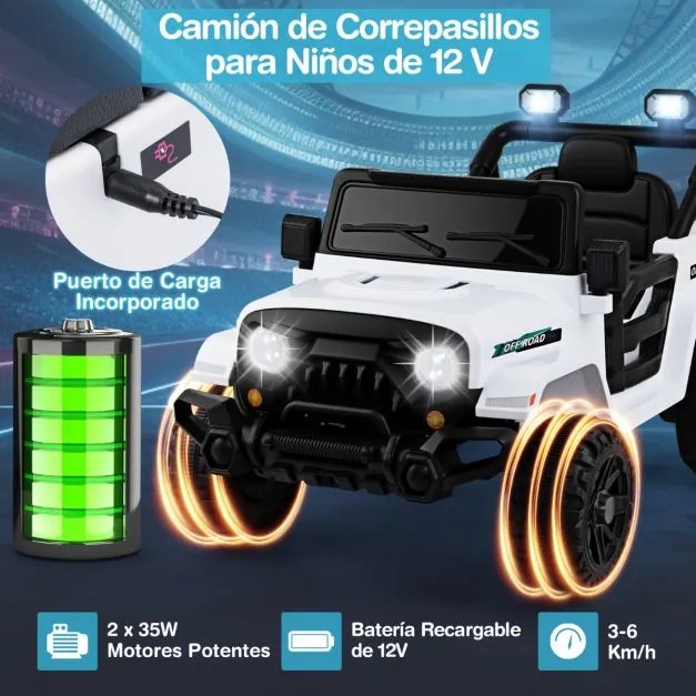 Carro elétrico para crianças de 12 V com 3 velocidades, música e luzes LED 99 x 62 x 62 cm branco