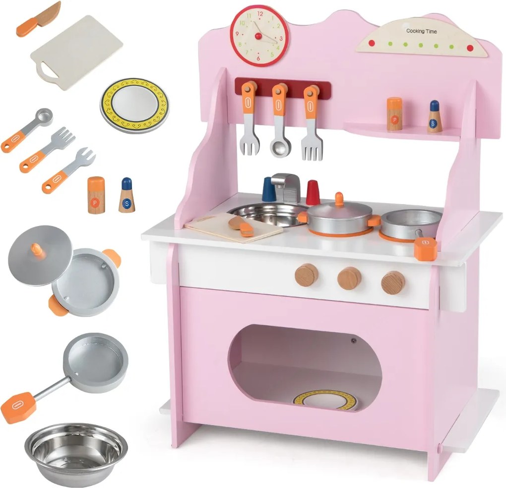 Cozinha de brincar em madeira para crianças 52 x 29,5 x 71 cm com relógio, fogão, prateleira, especiarias, torneira, lava-louças e forno para maiores