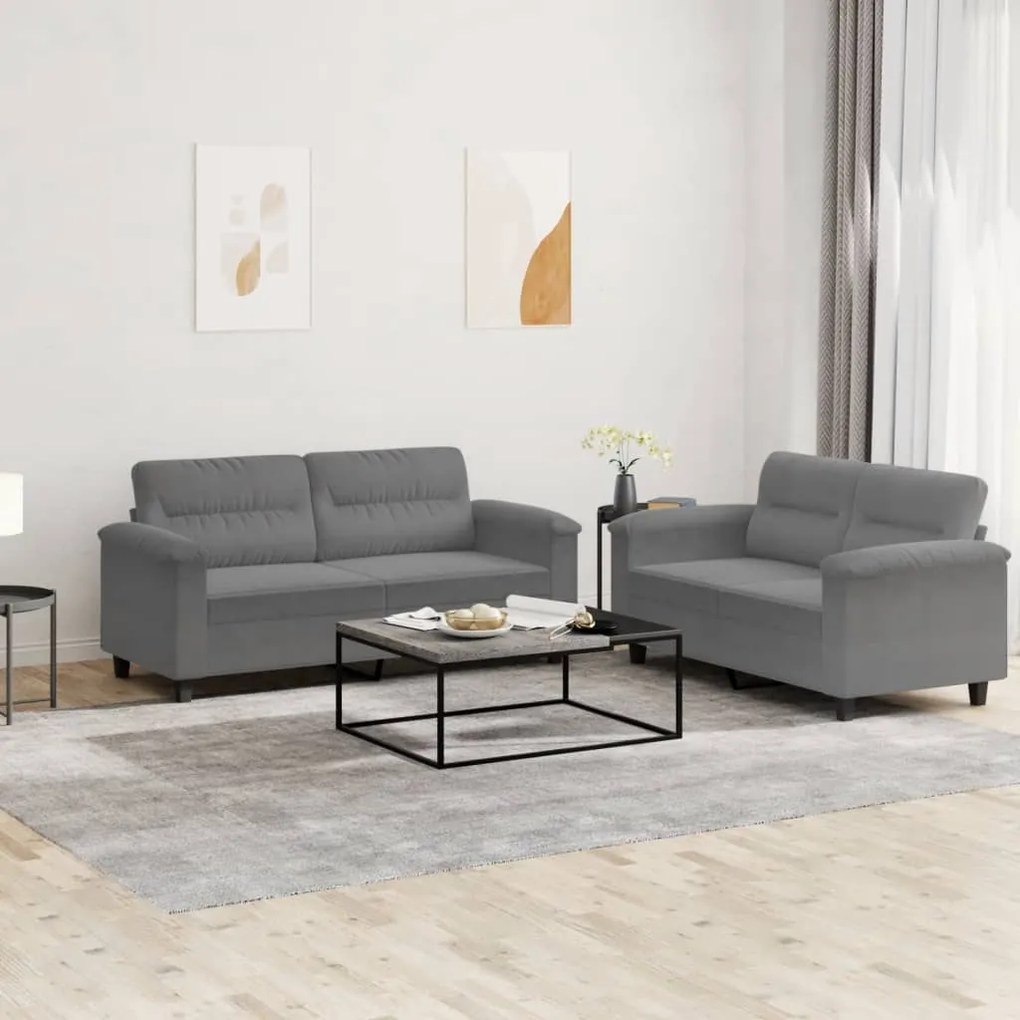 2 pcs conj. sofás c/ almofadões tecido microfibra cinza-escuro