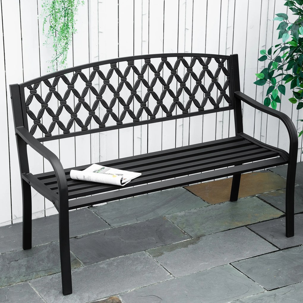 Outsunny Banco de Jardim de 2 Lugares com Encosto Decorativo e Apoio para os Braços para Terraço Varanda Pátio Exterior Carga 280kg Ferro Fundido e Aço 128x58,5x89cm Preto
