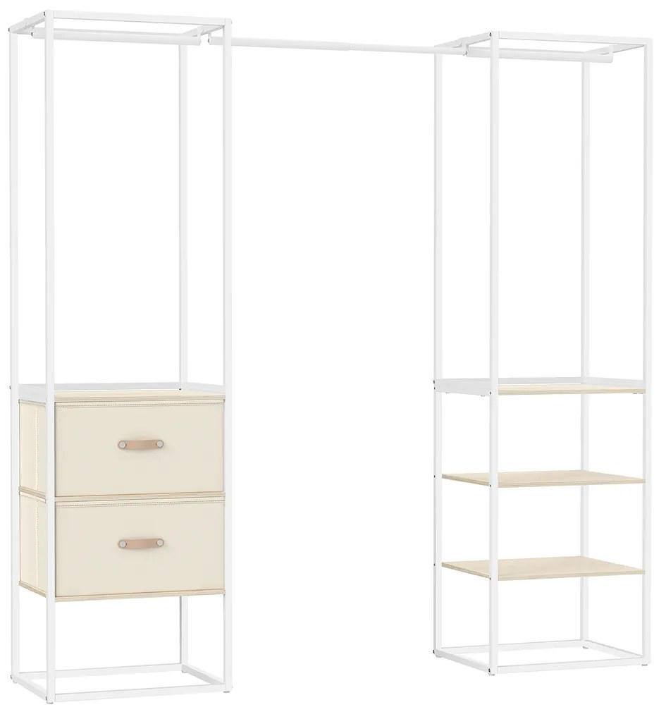 Guarda roupa Aberto Com 2 varões fixos, 1 varão extraível, 2 gavetas para tecidos e 4 prateleiras 40 x (150-180) x 180 cm bege
