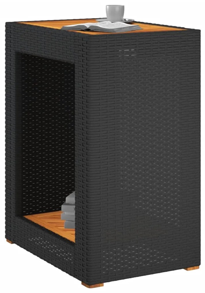 Mesa apoio jardim c/ tampo madeira 60x40x75 cm vime PE preto
